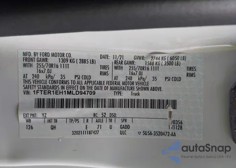 2021 Ford Ranger Xl z USA, uszkodzony, nr VIN 1FTER1EH1MLD94709